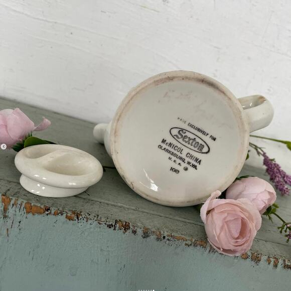 Vintage Ceramic Teapot Individual Green Rim Lid Restaurant Ware Sexton USA - Picture 7 of 7